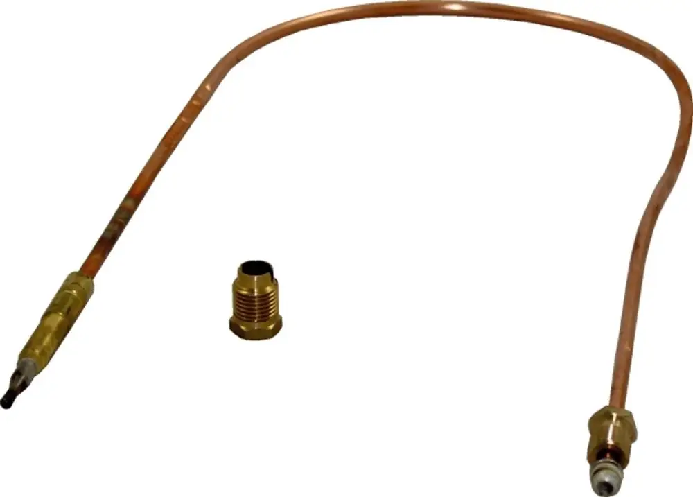 Thermoelement und Anschlussteile aus Kupfer und Messing, geeignet für Geräte der Marke WOLF, abgebildet auf neutralem Hintergrund.